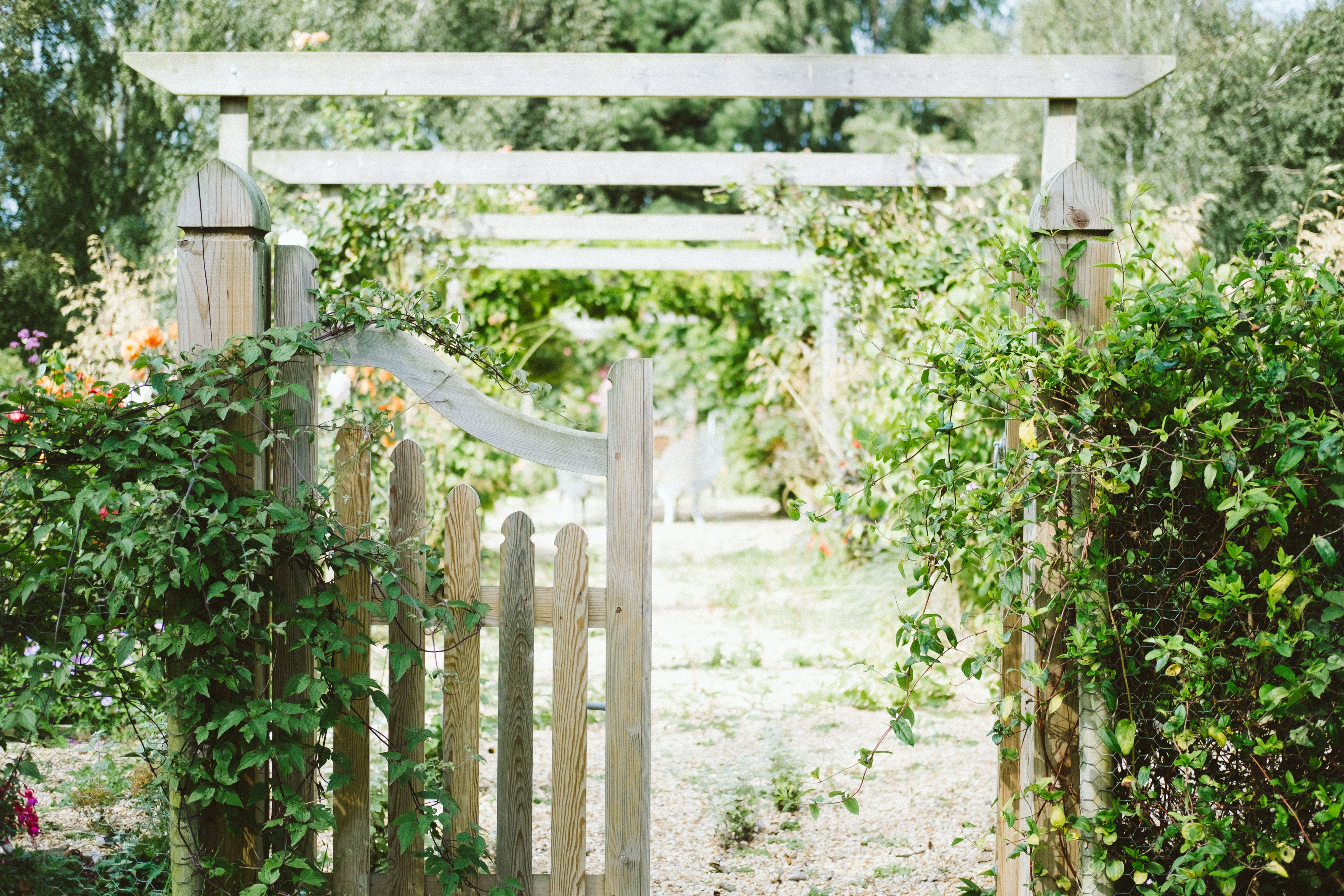 Un portail en bois ouvert qui donne sur un jardin